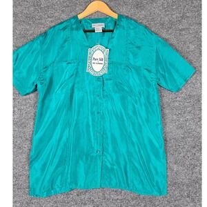 Silk Exchange Teal Pure Silk V Neck Short Sleeve Button Front Top Medium